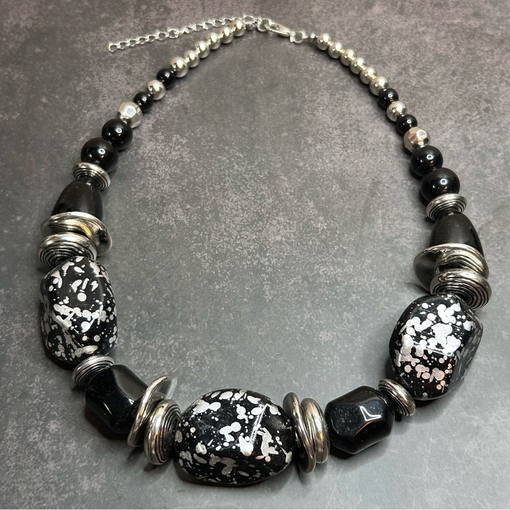 Unique Black And Silver Beaded Statement Necklace - image 1